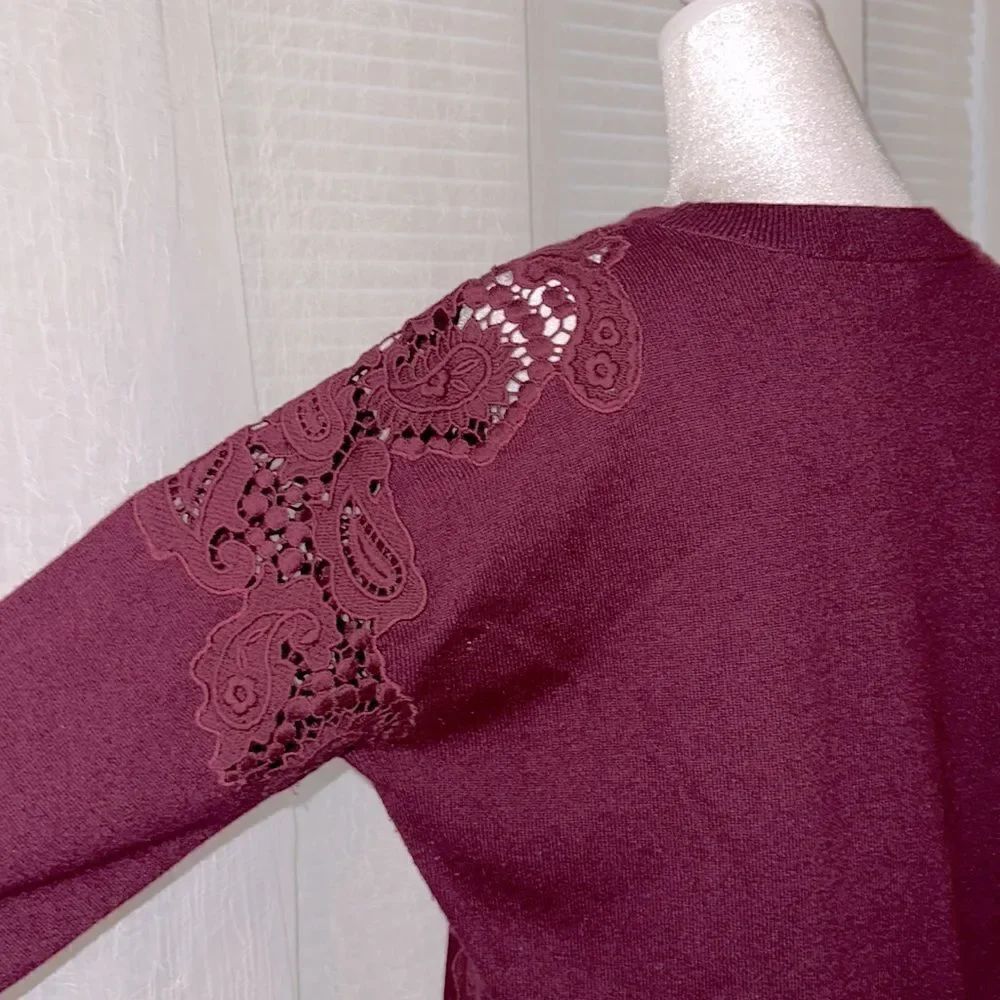 Ted Baker 3 M Tae Burgundy Scoop Neck Merino Wool Shoulder Lace KnitโSweater - Picture 7 of 15